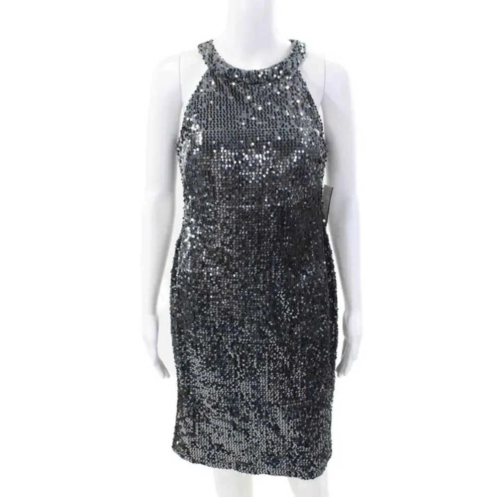 N W Night Way High Neck Sleeveless Sequin Mini Dress Silver Size 8P